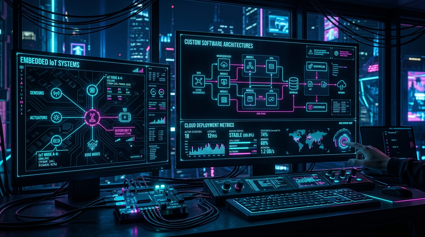 Codeforflash software and IoT development showcasing modern dashboard interfaces and embedded hardware systems